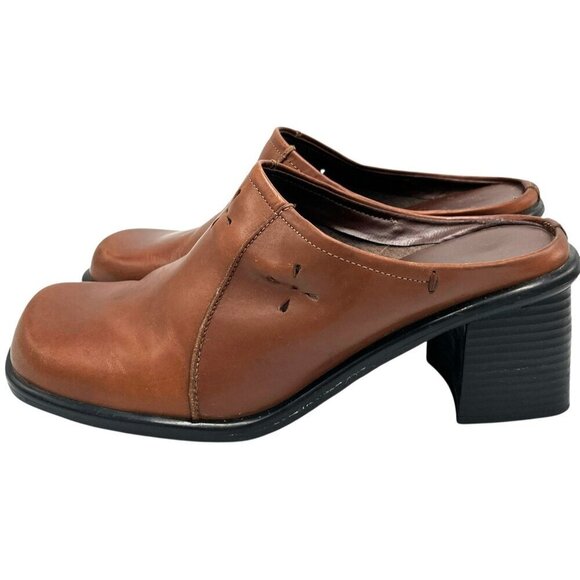 Vintage 90s Y2K Predictions Sz 6 Square Toe Laser Cut Leather Chunky Heel Mules - Picture 6 of 16